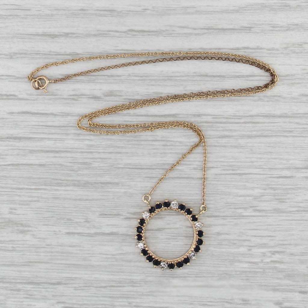 0.46ctw Blue Sapphire Diamond Circle Pendant Necklace 14k Yellow Gold 16.25"