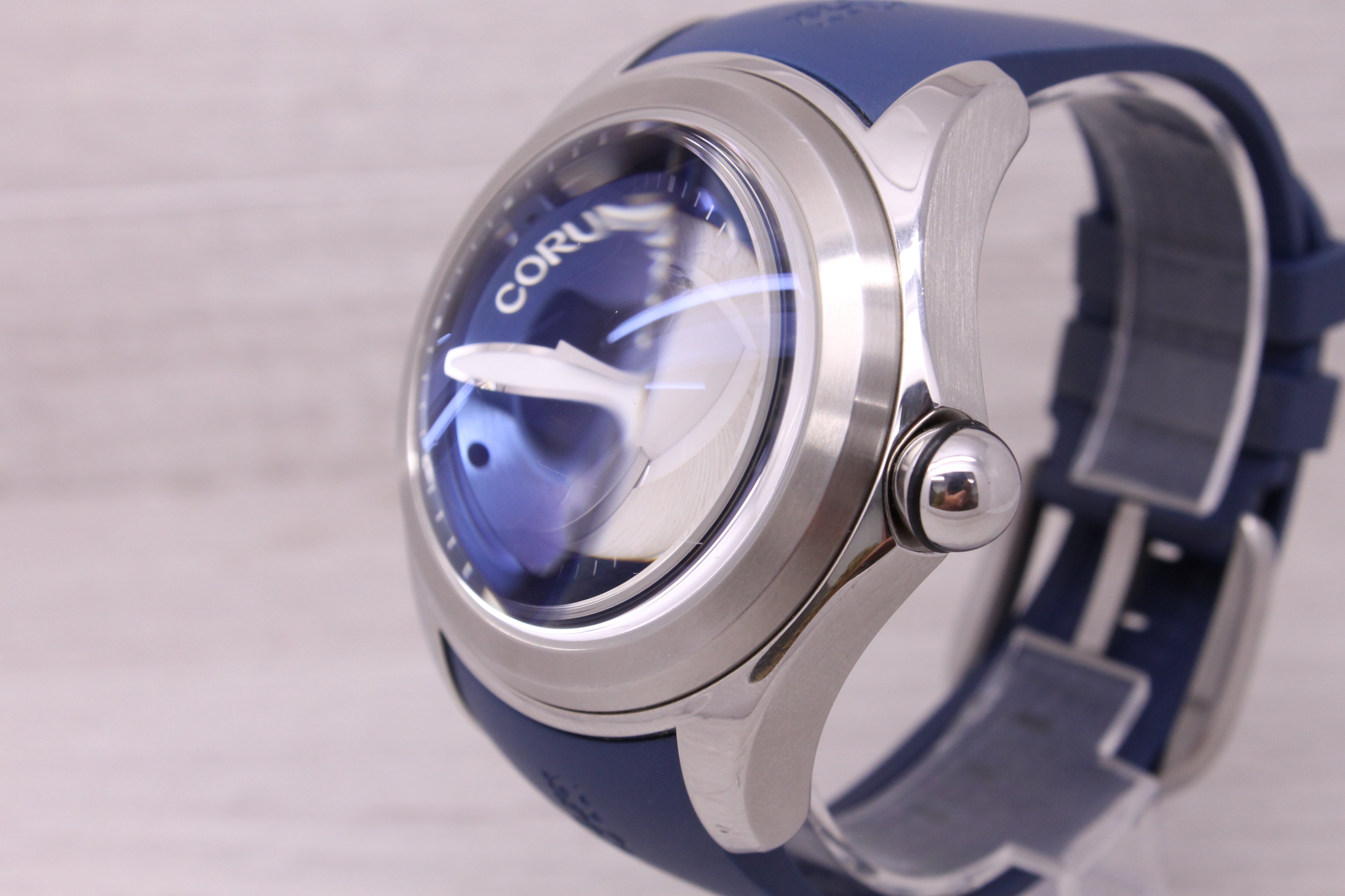 Gray Corum Bubble Blue Skeleton Mens 47mm Steel Automatic Watch w/ Box Papers 08.0006