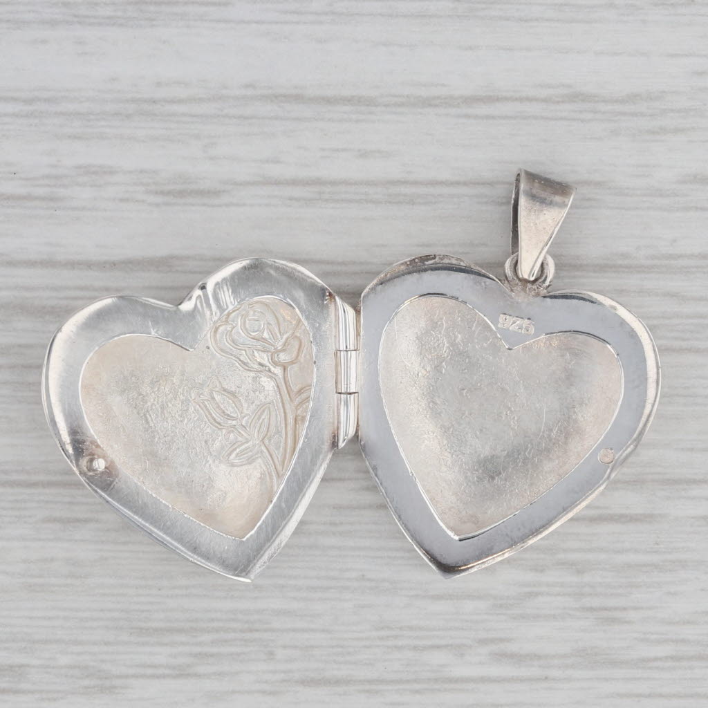 Gray Floral Heart Locket Pendant Sterling Silver Engraved Flowers Opens Engravable