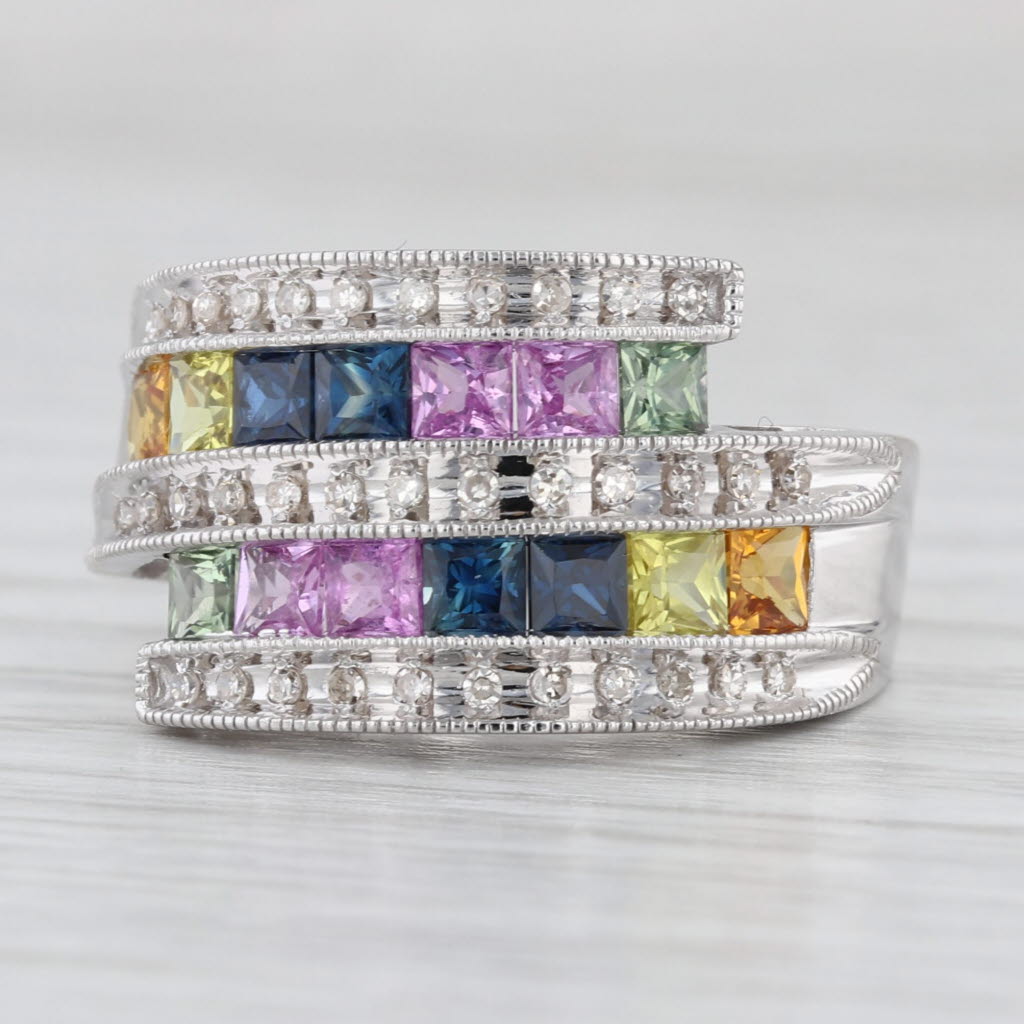 2.38ctw Multicolor Sapphire Diamond Bypass Ring 14k White Gold Size 7-7.25