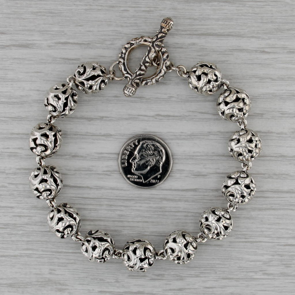 Krypell Ornate Openwork Bead Bracelet Sterling Silver 8.5" 11.3mm Toggle Clasp