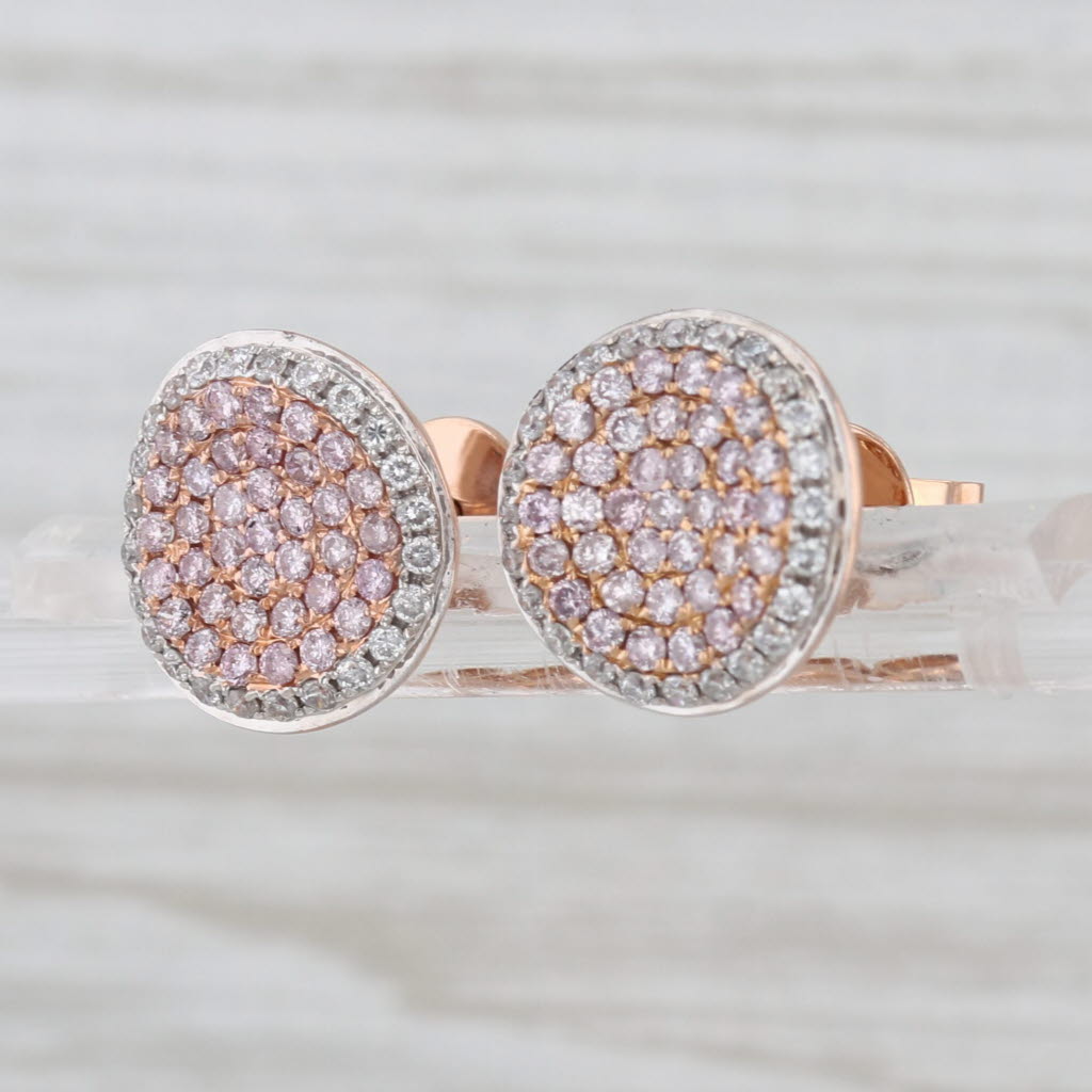 1.16ctw White Pink Contoured Diamond Stud Earrings 18k Rose Gold Heart Accents