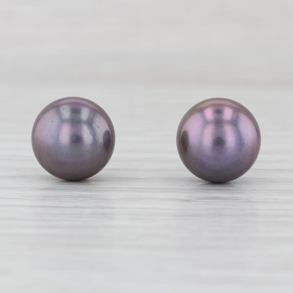 Black Cultured Pearl Stud Earrings 14k White Gold 11mm Bead Solitaire Studs