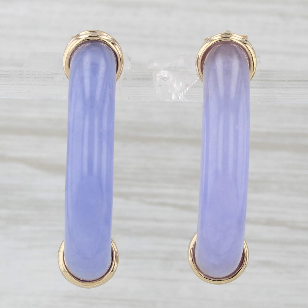 Light Gray Lavender Jadeite Jade Half Hoop Hololith Earrings 14k Yellow Gold Pierced Drops