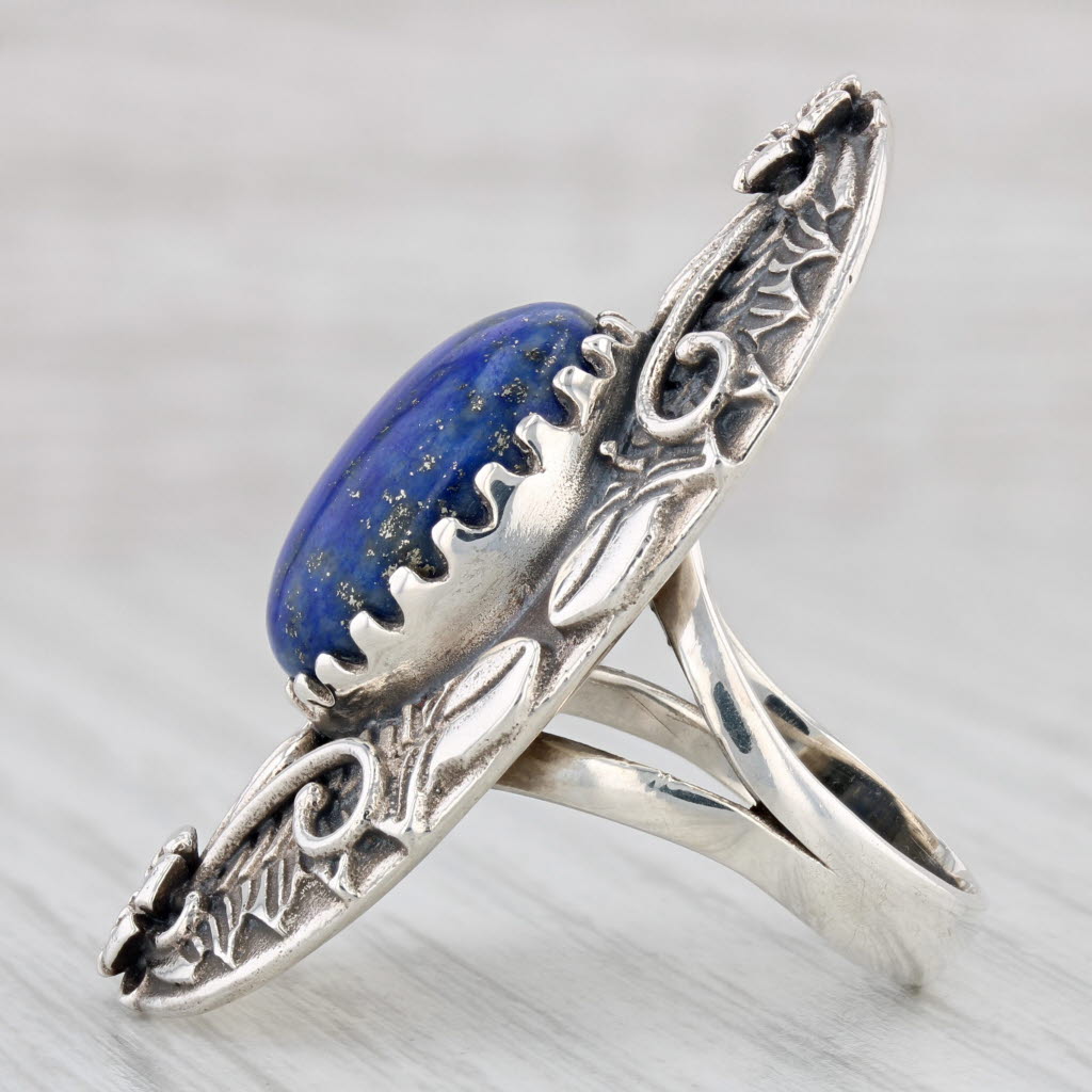 Light Gray Southwestern Lapis Lazuli Floral Statement Ring Sterling Silver Sz 8.25 Vintage