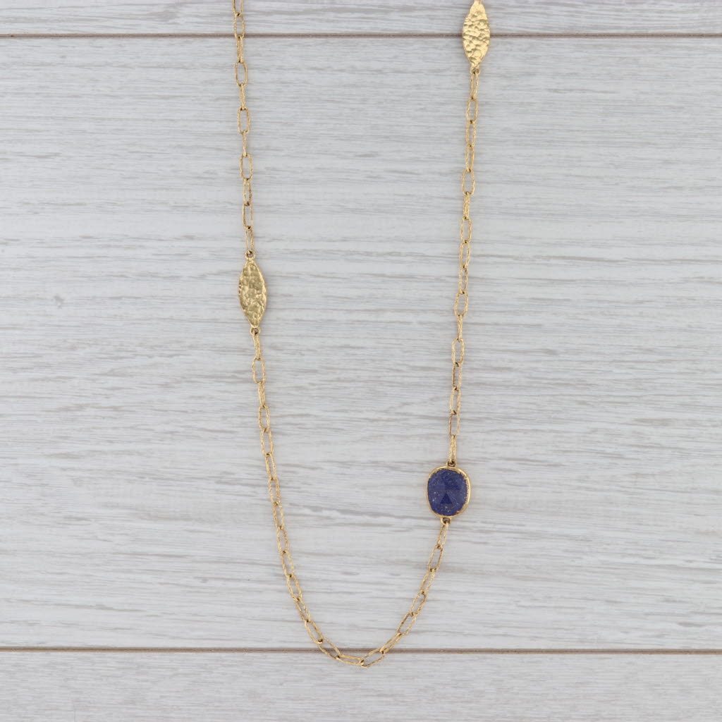 New Nina Wynn Lapis Lazuli Station Necklace Sterling Gold Vermeil 42" Adjust
