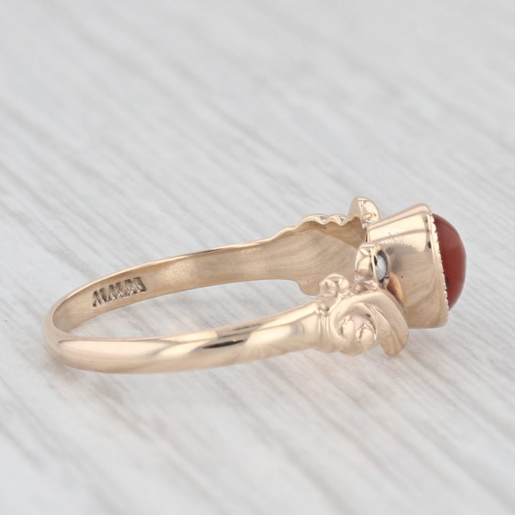 Light Gray Antique Oval Cabochon Red Carnelian Pearl 10k Yellow Gold Size 4.5 Ring