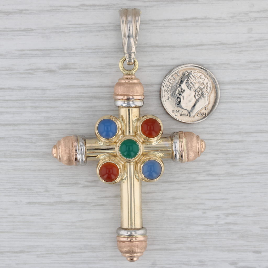 Gray Large Gemstone Cross Pendant 14k Yelow Rose White Gold Multicolor Chalcedony