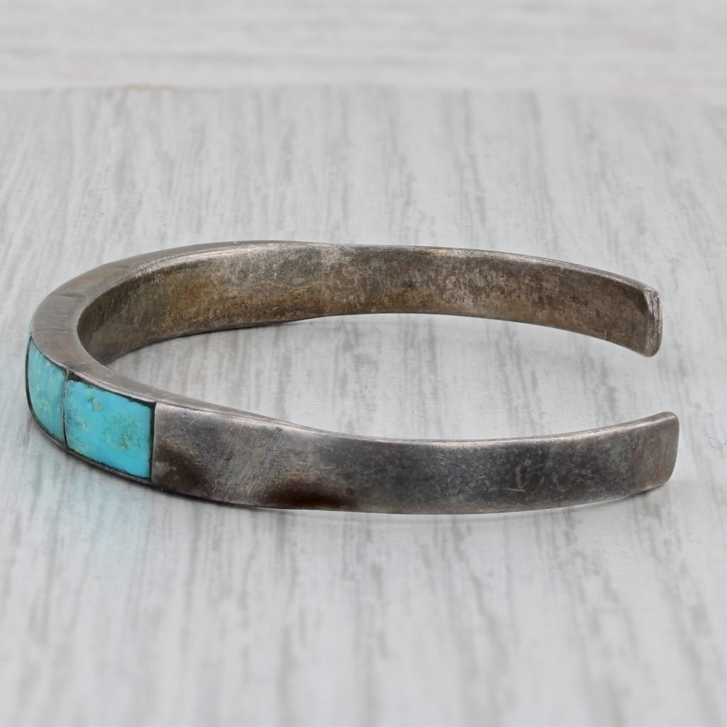 Gray Turquoise Inlay Mosaic Cuff Bracelet Vintage Sterling Silver Native American