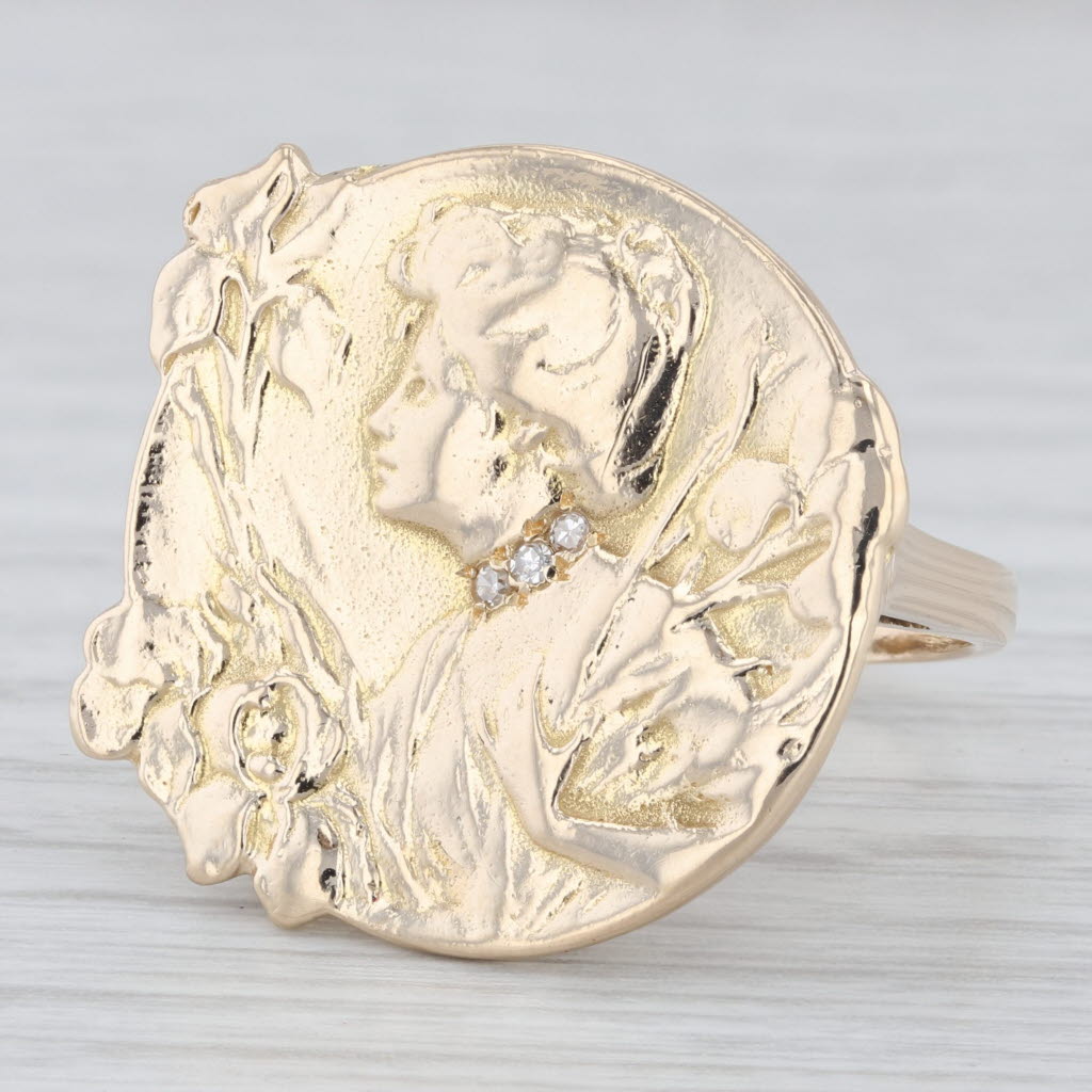 Light Gray Vintage Cameo Style Floral Figural Female Statement Ring 14k Yellow Gold Size 8