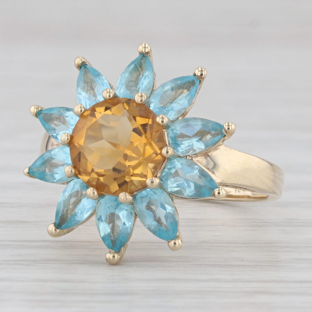 Light Gray 3.46ctw Blue Apatite Orange Citrine Flower Ring 10k Yellow Gold Size 7 Cocktail