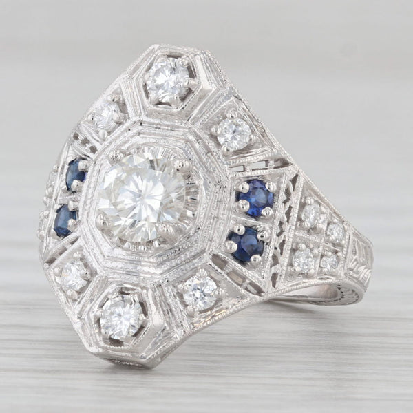 Art Deco 1ctw Round Diamonds Sapphire Ring 14k White Gold Size 6 GIA Cocktail