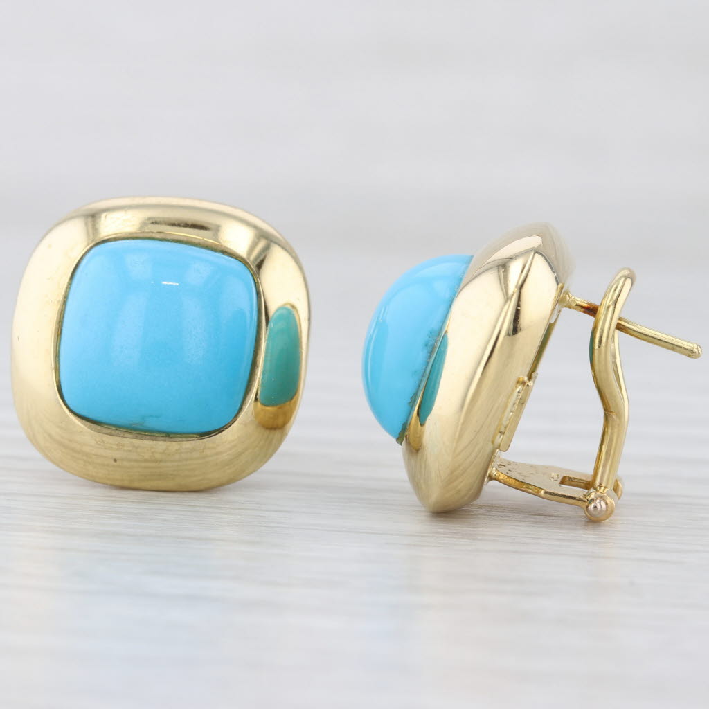 Light Gray Italian Turquoise Cabochon Earrings 18k Yellow Gold Omega Back Drops