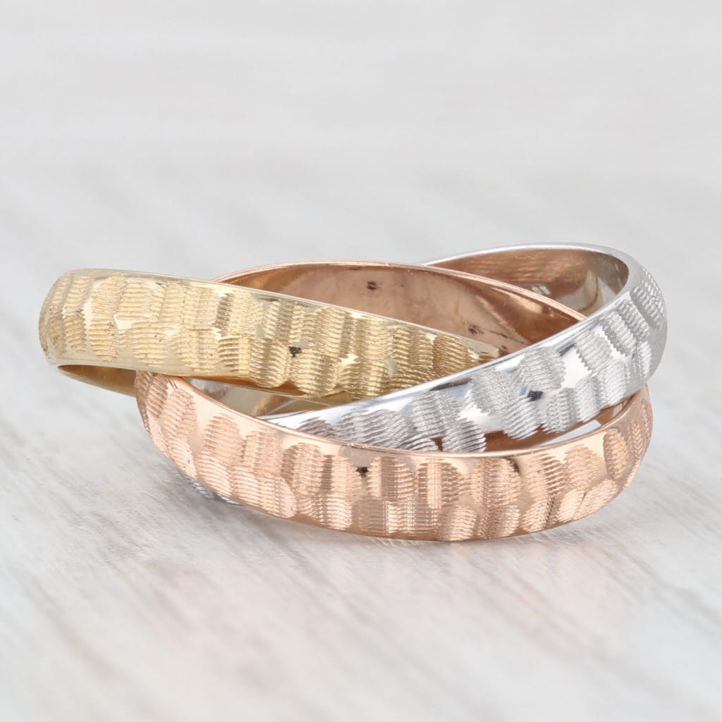 Light Gray Tri-Toned 3-Band Puzzle Ring 14k Yellow White Rose Gold Size 6 Hammered Finish