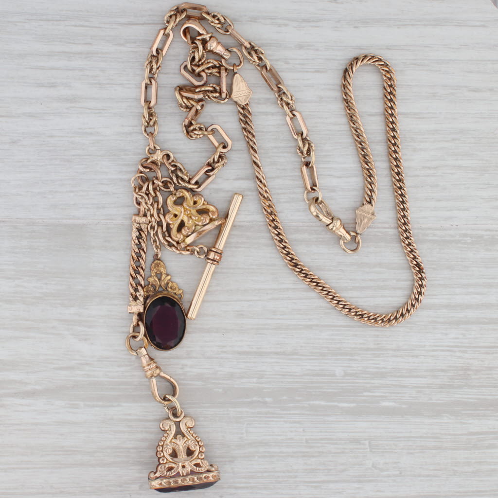 Gray Vintage Watch Chain Necklace Fobs Pendants Chatelaine Gold Filled 22.5"