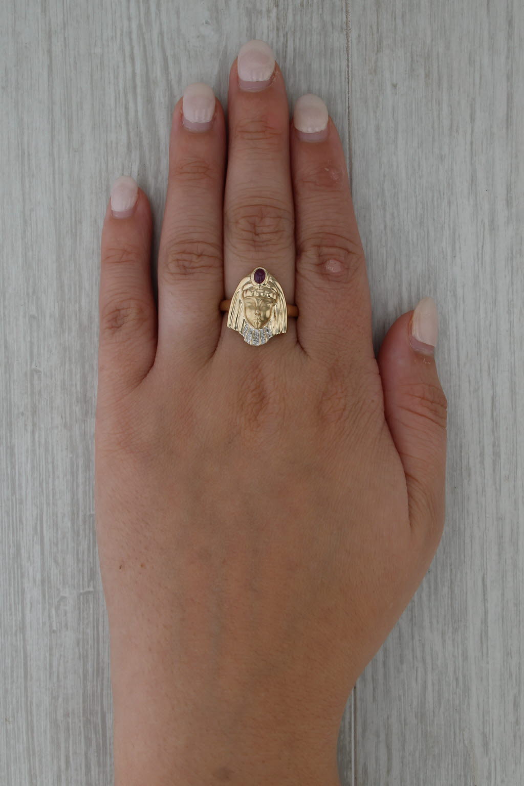 Ruby Diamond Egyptian Pharaoh Bust Ring 14k Yellow Gold Size 8.5