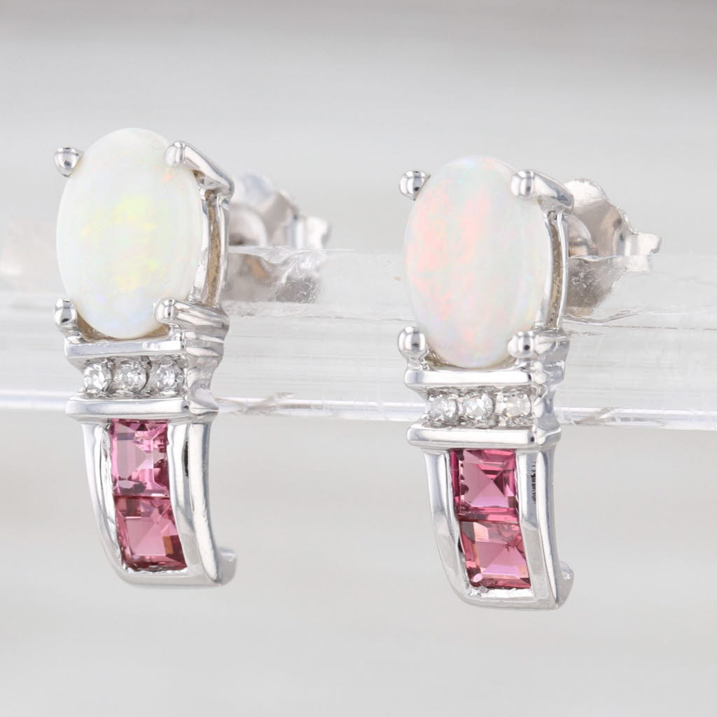 0.42ctw Opal Garnet Diamond J-Hook Earrings 14k White Gold Studs