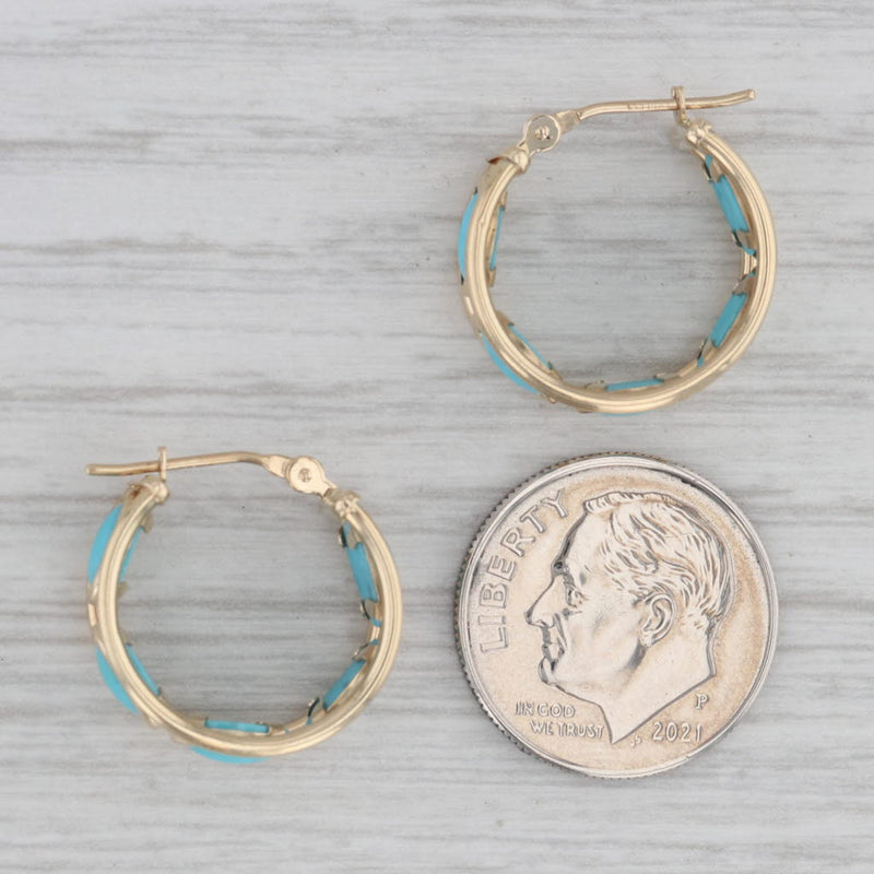 Lab Created Turquoise Hoop Earrings 14k Yellow Gold Snap Top Round Hoops