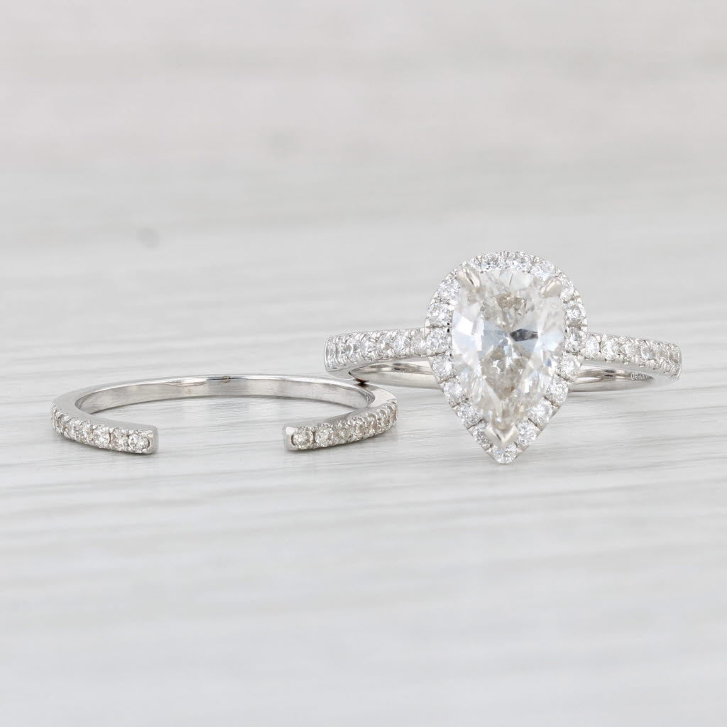 Light Gray 1.65ctw Pear Diamond Halo Engagement Ring Wedding Band Bridal Set 14k Gold