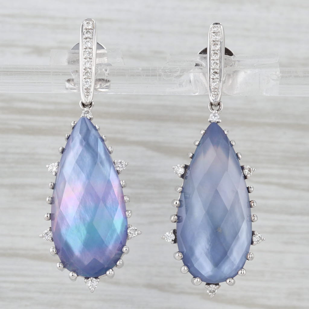New Diamond Mother of Pearl Crystal Lapis Lazuli Dangle Earrings 18k White Gold
