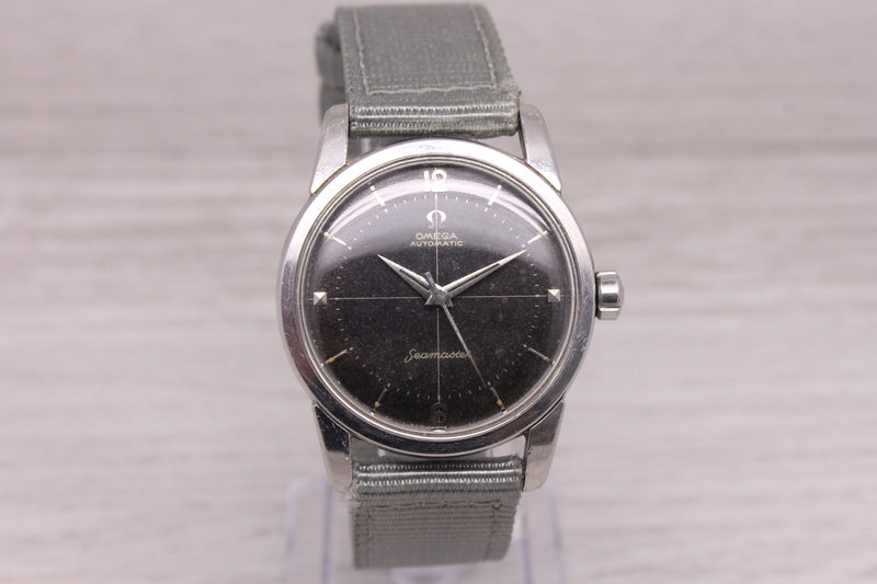Gray Vintage 1956 Omega Seamaster Mens 34mm Steel Watch 2846 500 Black Crosshair Dial