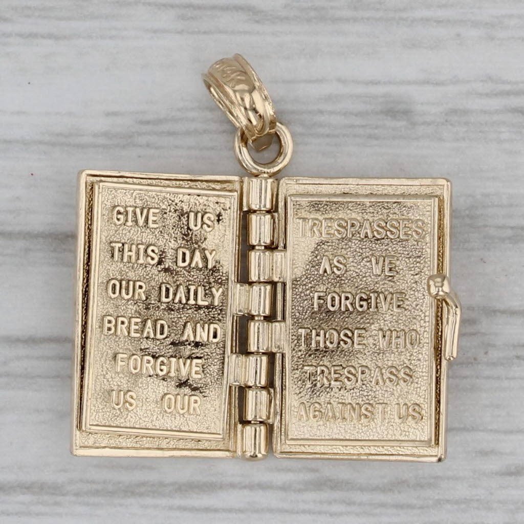 Gray Holy Bible Lord's Prayer Pendant 14k Yellow Gold Opens Engravable Ornate