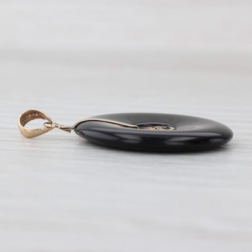 Onyx Hololith Good Luck Chinese Calligraphy Pendant 14k Yellow Gold