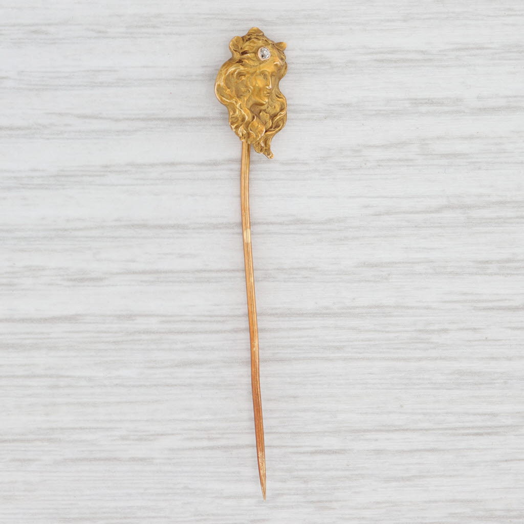 Light Gray Art Nouveau Figural Diamond Stickpin 14k Yellow Gold Antique
