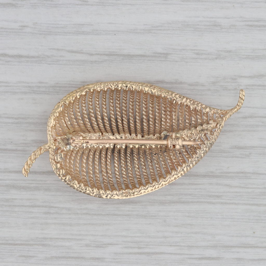 Gray 0.15ctw Diamond Filigree Leaf Brooch 14k Yellow Gold Statement Pin