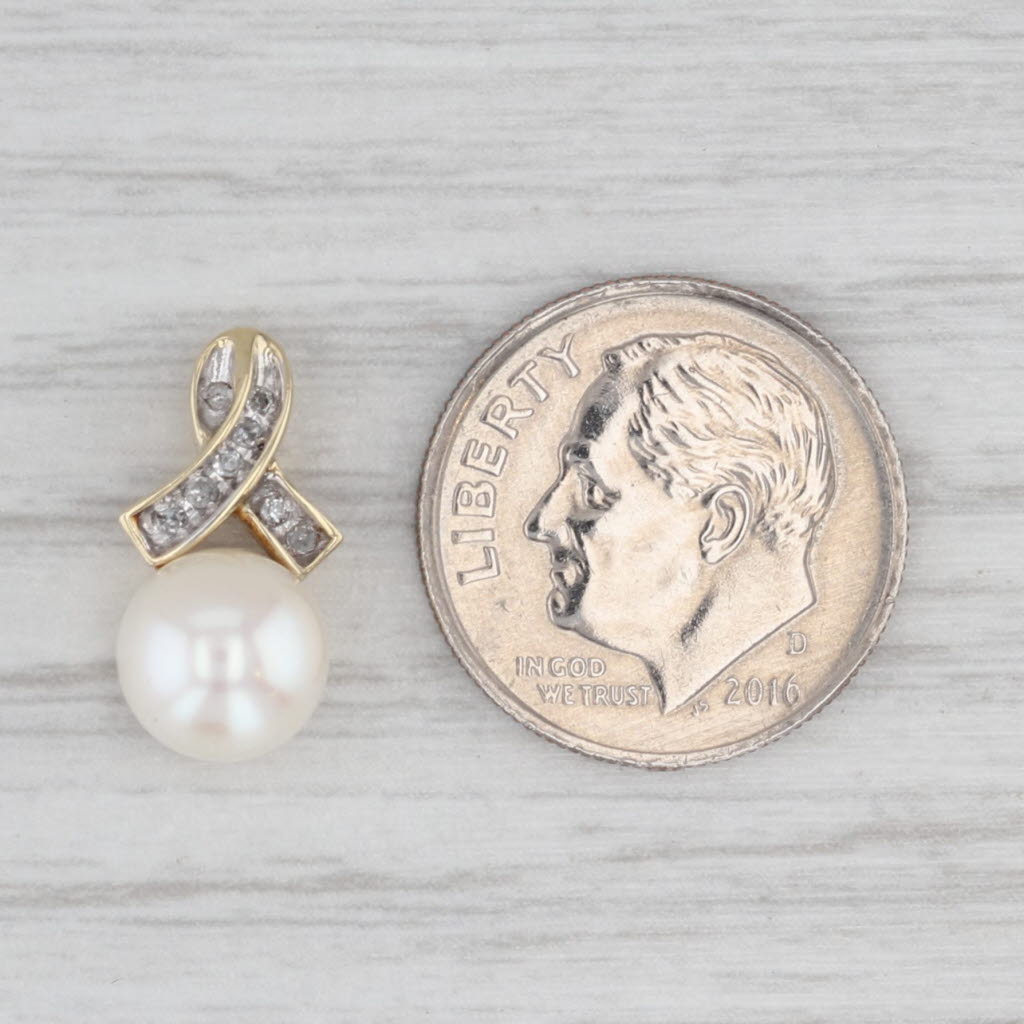 7.6mm Cultured Pearl Diamond Pendant 10k Yellow Gold Small Drop