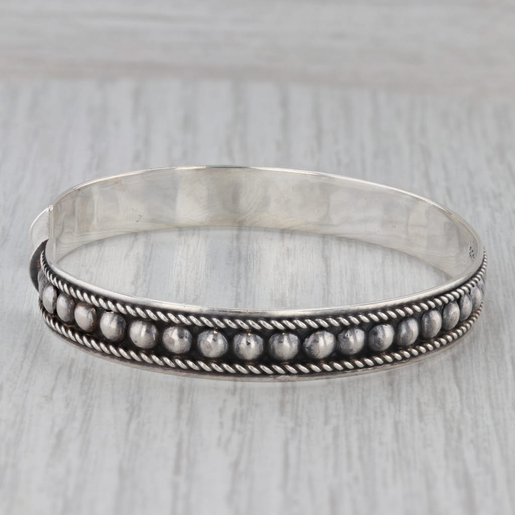 Gray Vintage Bead Rope Cuff Bracelet Sterling Silver 7" 8.5mm
