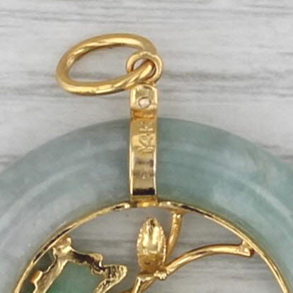 Green Jadeite Jade Carved Bird Hololith Pendant 14k Yellow Gold Vintage Asian