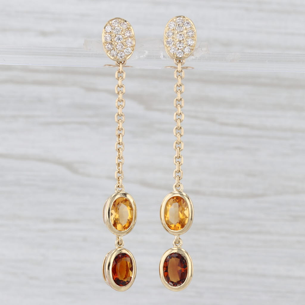 3.98ctw Yellow Orange Citrine Diamond Dangle Earrings 14k Yellow Gold Drops