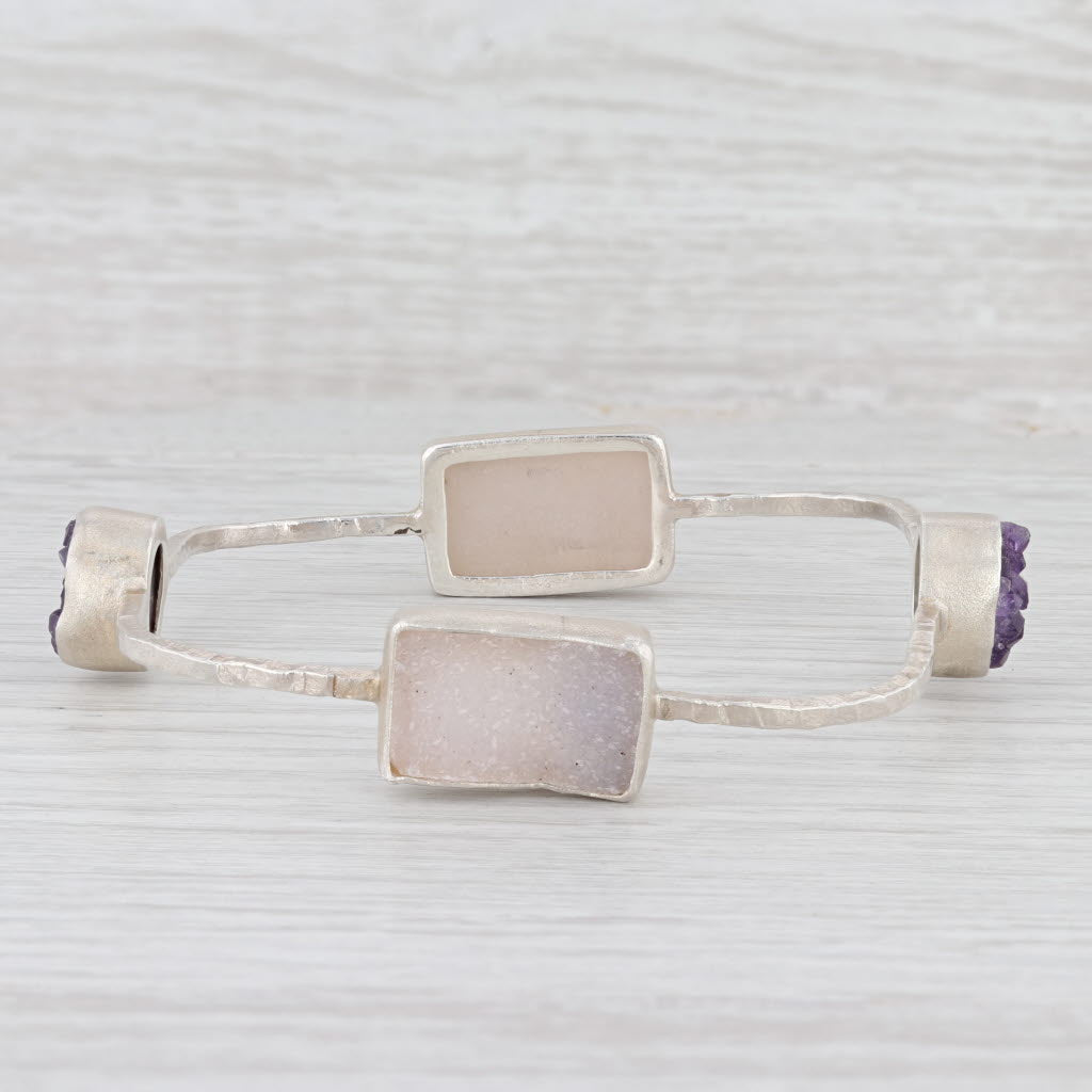 New Nina Nguyen Amethyst White Druzy Quartz Bangle Bracelet Sterling Silver 8”