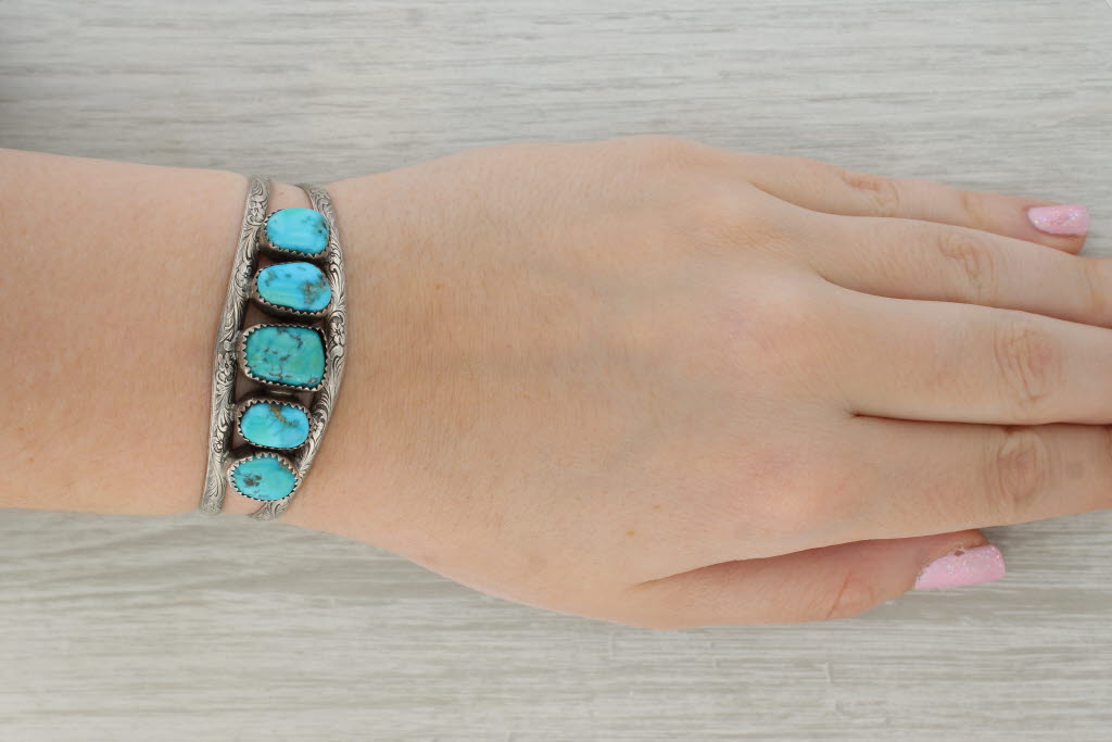 Dark Gray Vintage Native American Turquoise Cuff Bracelet Sterling Silver 6.5"