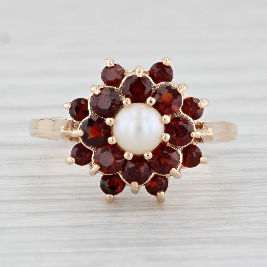 Light Gray Cultured Pearl Garnet Flower Ring 14k Yellow Gold Size 6.75