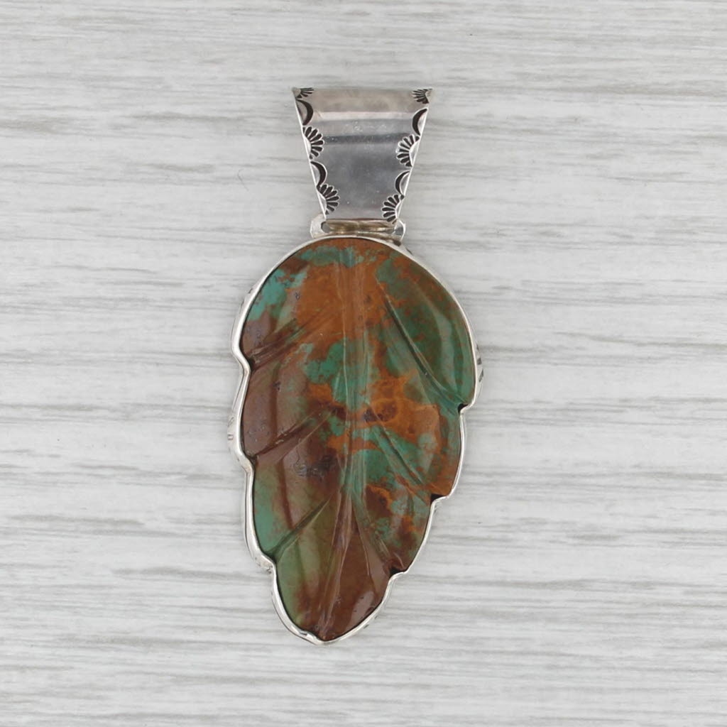 Vintage Native American Ornamental Stone Leaf Pendant Sterling Silver Statement