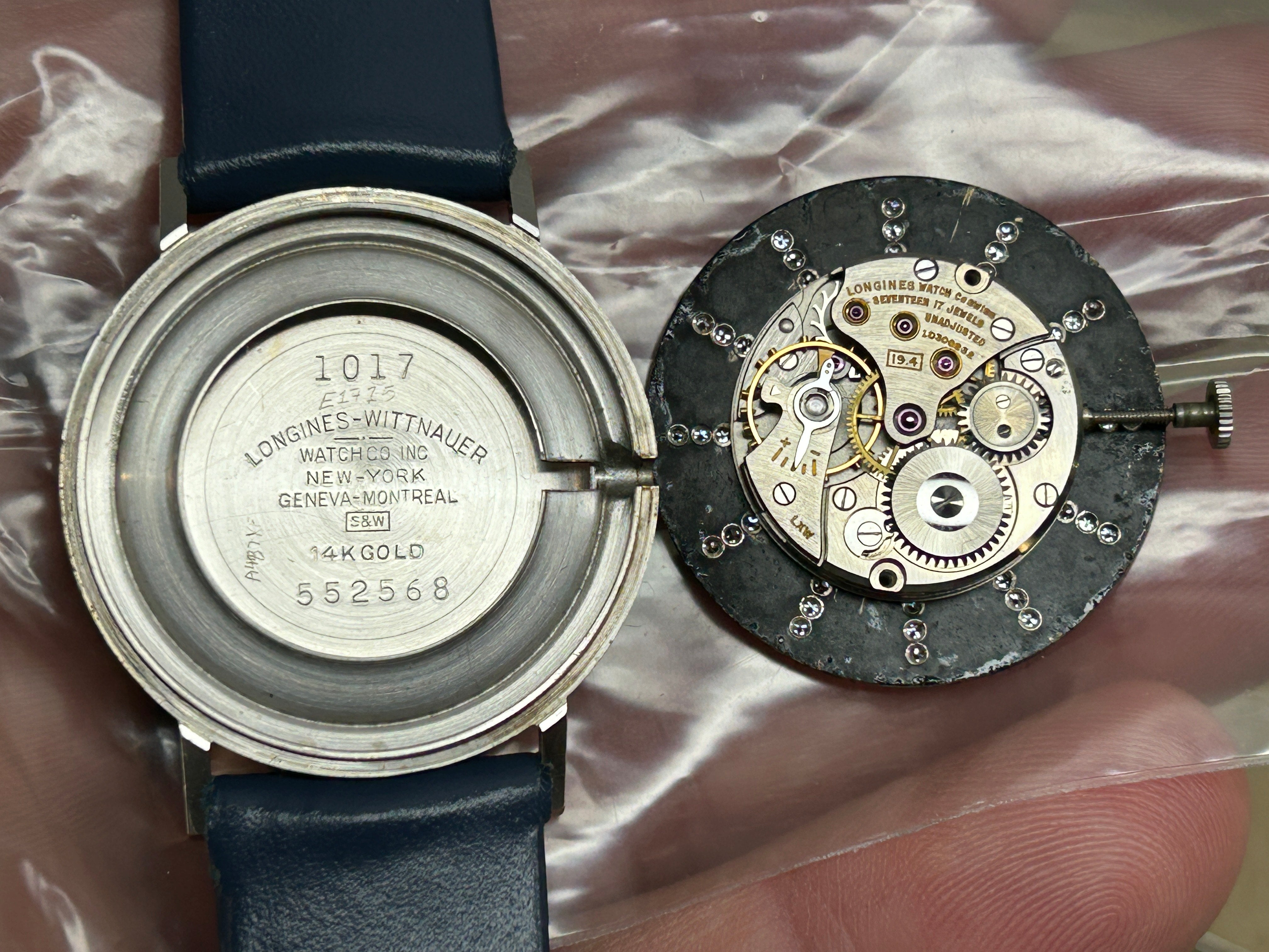 Dim Gray Vintage c1957 Longines 14k White Gold Mens Diamond Dial Mystery Watch Buckle Box