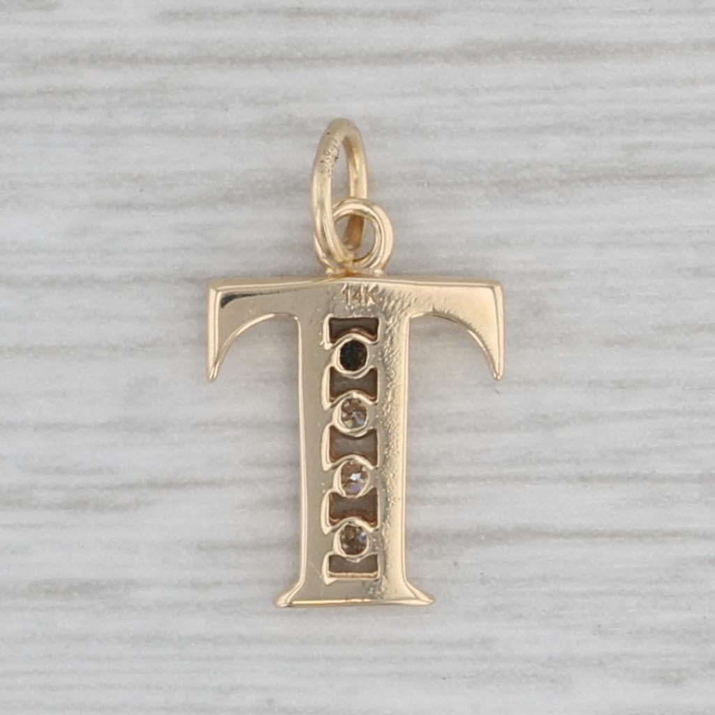 Gray Small Diamond Letter Initial T Pendant 14k Yellow Gold Charm