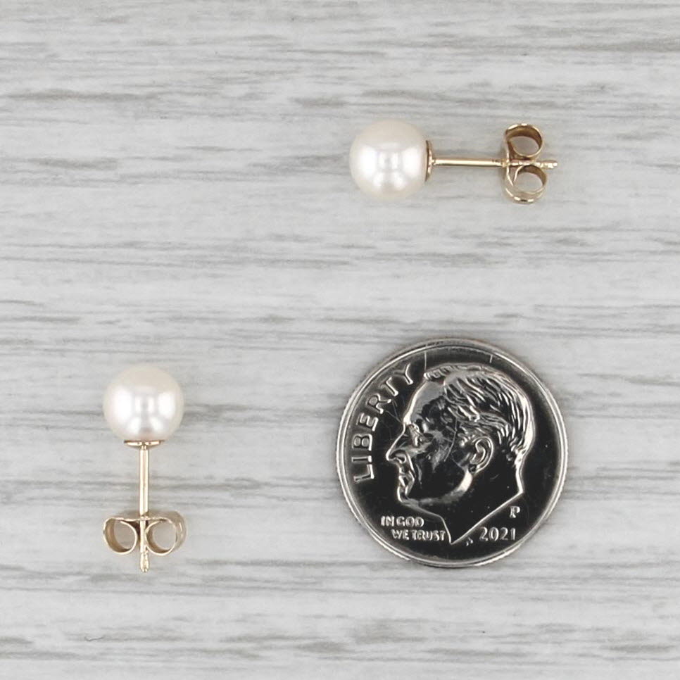 Cultured Pearl Stud Earrings 14k Yellow Gold 6.2mm Round Bead Solitaire Studs