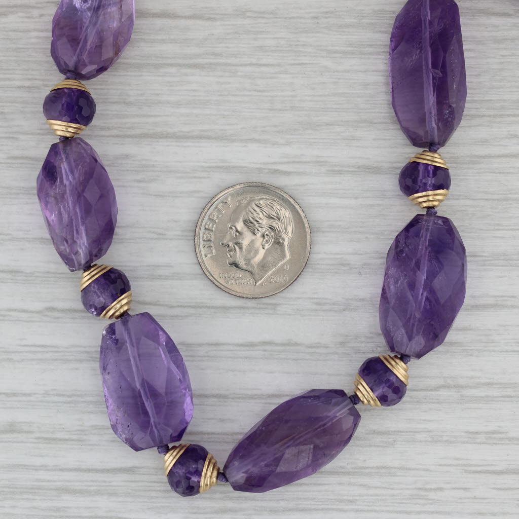 Gray Vintage Amethyst Bead Necklace 14k Yellow Gold 18" Statement