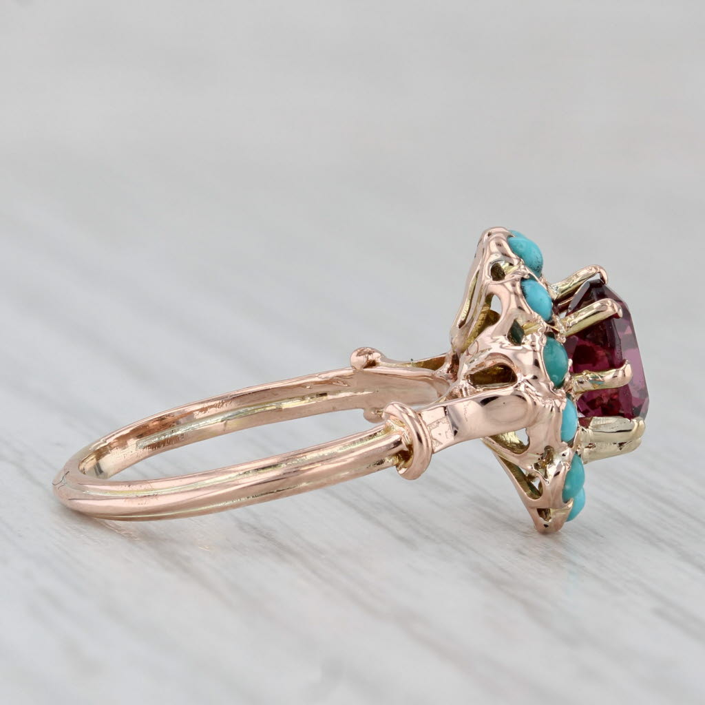 Gray Vintage Rhodolite Garnet Turquoise Halo Ring 12k Rose Gold Size 5