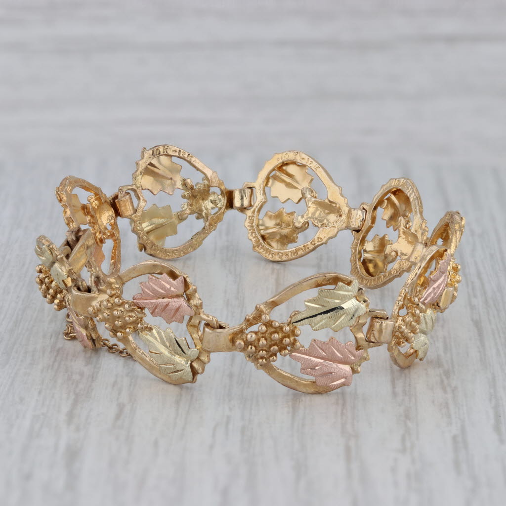 Gray Black Hills Gold Co Floral Heart Chain Bracelet 10k 12 Rose Yellow Green 6.5"