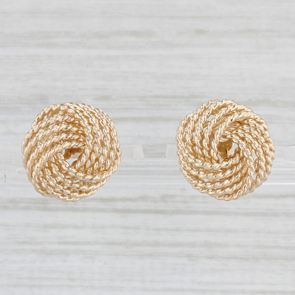 Light Gray Knot Stud Earrings 14k Yellow Gold Rope Etched Design