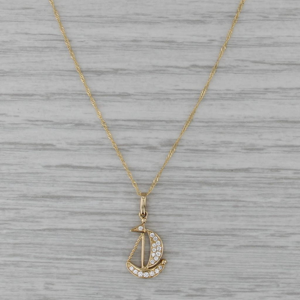 New 0.10ctw Diamond Sailboat Pendant Necklace 14k Gold 18" Singapore Chain
