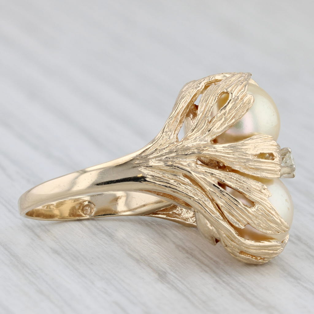Light Gray Floral Cultured Pearl 3-Stone Cluster Diamond Ring 14k Yellow Gold Size 5