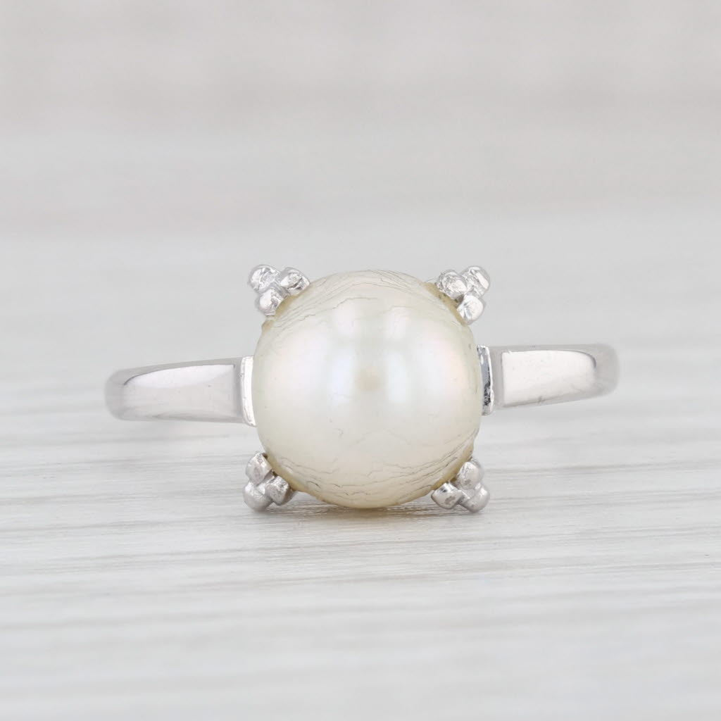 Light Gray Vintage Cultured Pearl Solitaire Ring 14k White Gold Size 7.75