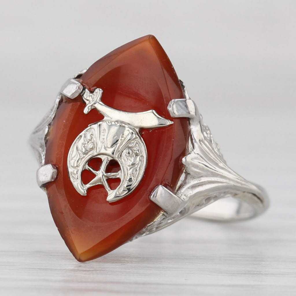 Light Gray Carnelian Shriners Signet Ring 14k White Gold Masonic Vintage Size 5.25