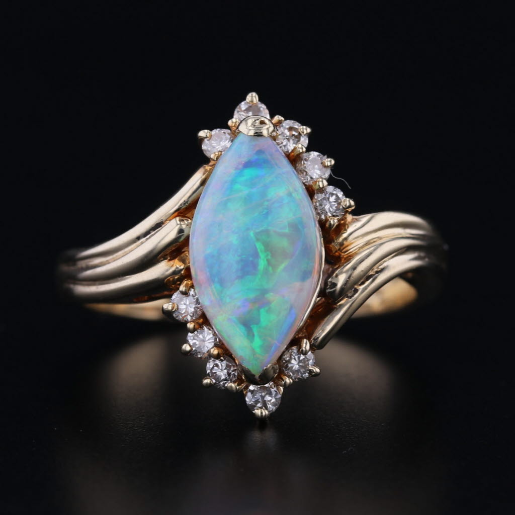 Marquise Opal Cabochon Diamond Ring 14k Yellow Gold Bypass Size 5.5