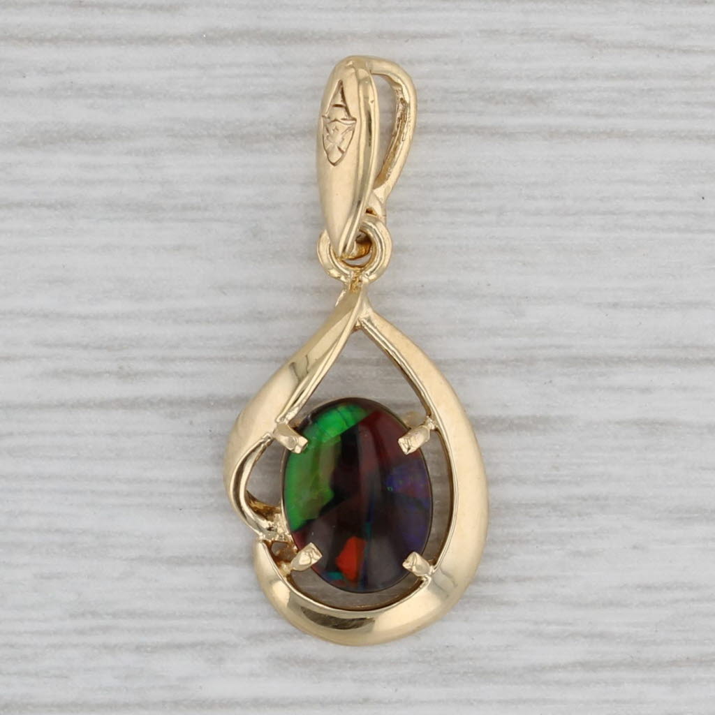 Gray Ammolite Triplet Pendant 18k Yellow Gold Oval Solitaire Drop